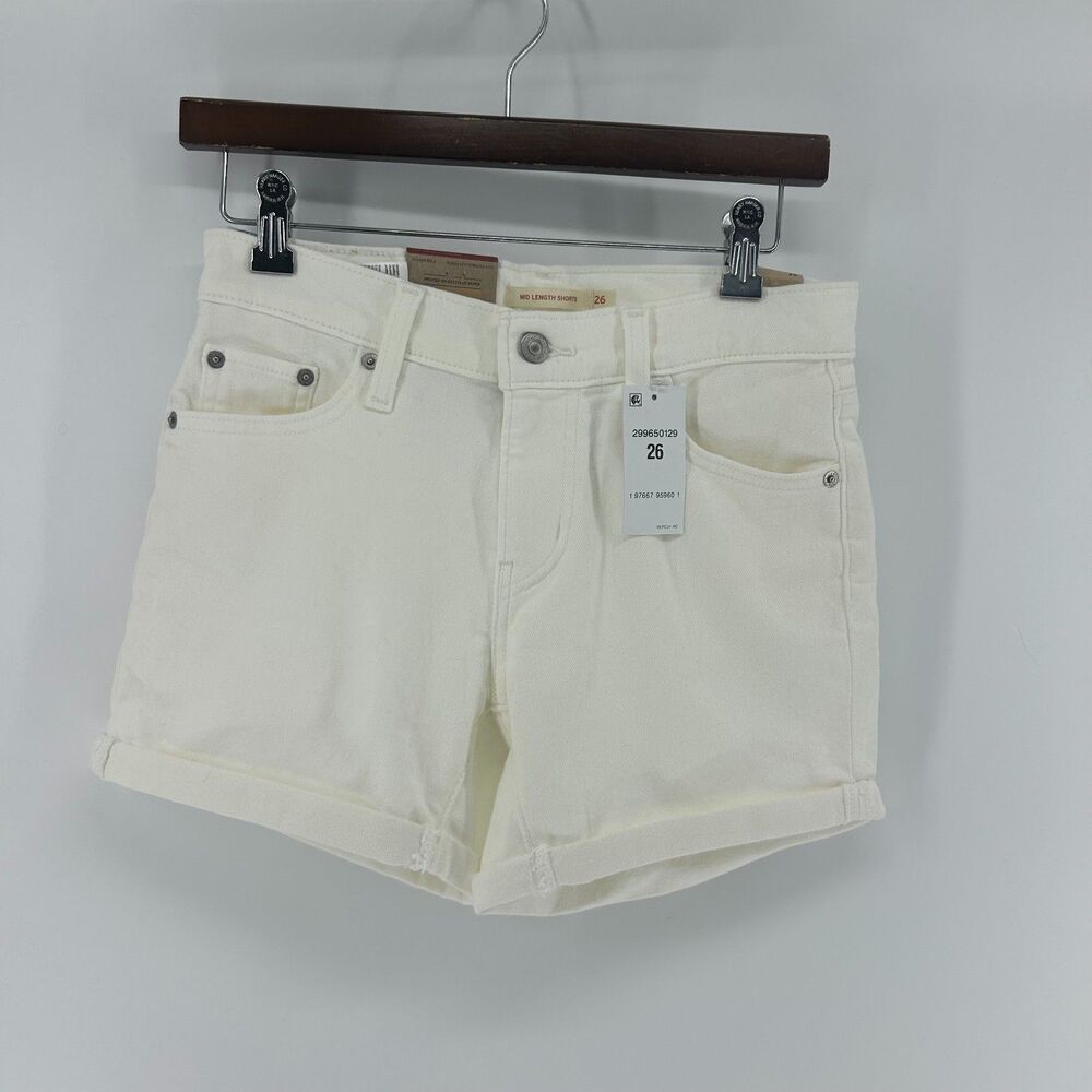 NWT Levi's Mid Length Shorts Women's 26 White Mid-Rise Denim Distressed